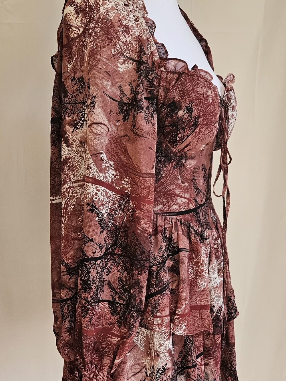 Cottagecore Forest Print Skort Romper Dress Long Sleeve Brown Size S/M NWT - Picture 6 of 14